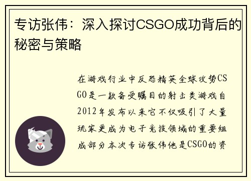 专访张伟：深入探讨CSGO成功背后的秘密与策略